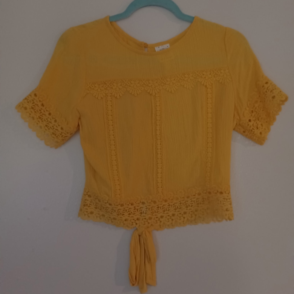 Self Esteem Yellow Cropped Tie Front Blouse